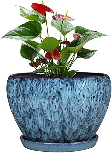ZXKYZR8 Pot de plante Monstera extra large en céramique, pot de fleur de grain de pierre bleue Plante en pot de style chinois classique simple avec plateau Pots de plantes vertes de bureau en céramiqu