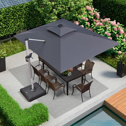 PURPLE LEAF Ombrellone da Giardino 2.7x3.65 m con LED, Palo in Alluminio con Manovella girevole a 360°, doppio tetto inclinabile UV 50+, per Piscina esterna Giardino Terrazzato, grigio