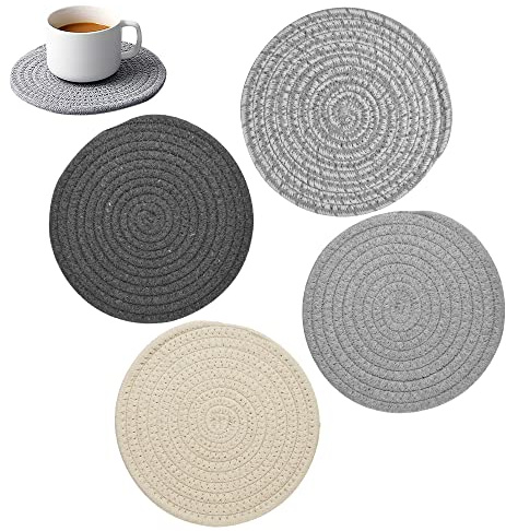 Angelkiss 4 Stück 18 cm Topfuntersetzer aus Baumwolle, Runde Geflochtene Untersetzer Hitzebeständig, Faden Weben Matte für Töpfe, Pfannen, Teller, Kaffeekannen und Küche (4 Farben)