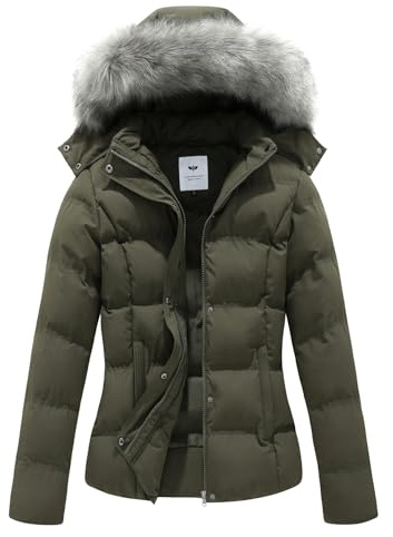 GGleaf Women's Hooded Warm Winter Coat Quilted Thicken Puffer Jacket with Removable Fur Hood Army Green S