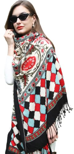 DANA XU 100% reine Merinowolle, extra großer Pashmina-Kaschmir-Schal, Schal und Wickeltuch für Damen, Winter, übergroße Blumendecke, 92 Rot und Schwarz
