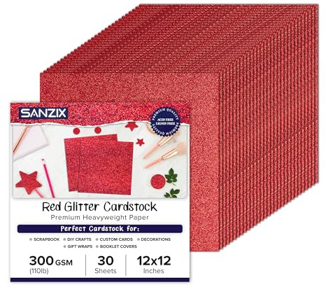 SANZIX Red Glitter Cardstock Paper 12x12-30 Sheets, 110lb 300 GSM for Cricut, Christmas Cards, Scrapbook, DIY Crafts, Decor Gift Wraps & Custom Cards | Premium Sparkle Paper for Valentine's Day