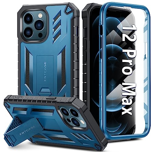 FNTCASE for iPhone 12 Pro Max Case Built-in Screen Protector&Kickstand Blue