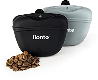 lionto Futterbeutel 2-er Set für Hunde aus lebensmittelechtem Silikon, 13x5x11 cm, Leckerlitasche mit Magnetverschluss & Befestigungsclip, wasserabweisendes und weiches Material, schwarz & grau