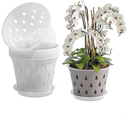 Orchideentöpfe aus Kunststoff, 14 cm, weiß, transparenter Kunststoff mit Löchern, geeignet für Innen- und Außenbereich, Orchideen-Blumentöpfe, 5 Stück