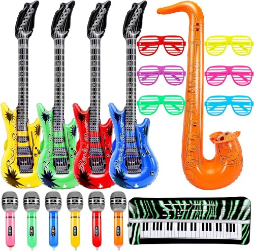Loppdece 18 instrumentos inflables, accesorios inflables para fiestas, guitarras de aire coloridas para inflar, micrófonos saxofón, obturador de gafas de sombreado, juego de juguetes inflables para