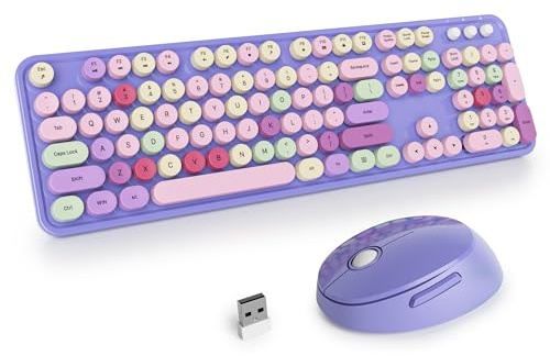 SOLIDEE Kabellose Tastatur- und Maus-Kombination, Retro-Schreibmaschinen-Design, 2.4GHz Runde Tastenkappe Mit Ziffernblock, 104 Tasten Ergonomisch (Amerikanisch QWERTY) (Mixed Purple)