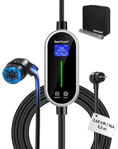 RamTouch Ladekabel Elektroauto Typ 2 Schuko 3,68 kW (230 V, 16 A, 1-phasig, 5,5 m) | Mobile Wallbox/Tragbare Ladestation mit Display | für alle E-Autos & Plug-in-Hybride (PHEV)