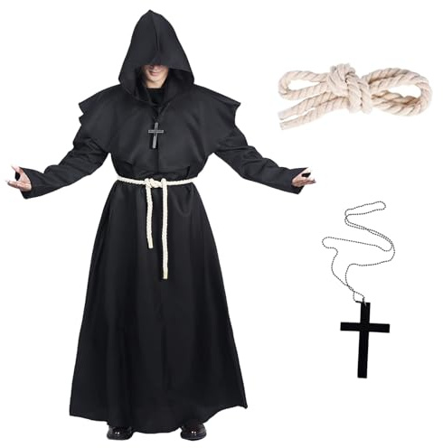 OUOQI Costume da Monaco,Abito Sacerdote,Abito da Monaco Costume,Costume da Prete,Sacerdote Hooded Robe,Frate Accappatoio Medievale,Sacerdote Cappuccio Costume,con Collana a Croce & Corda in Vita