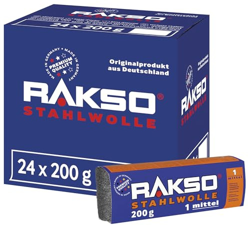 RAKSO Stahlwolle mittel 1-4,8 kg, 24 Banderolen à 200g, glättet Holzoberflächen, entfernt alten Lack v. Antikmöbeln, säubert Hartgummiböden