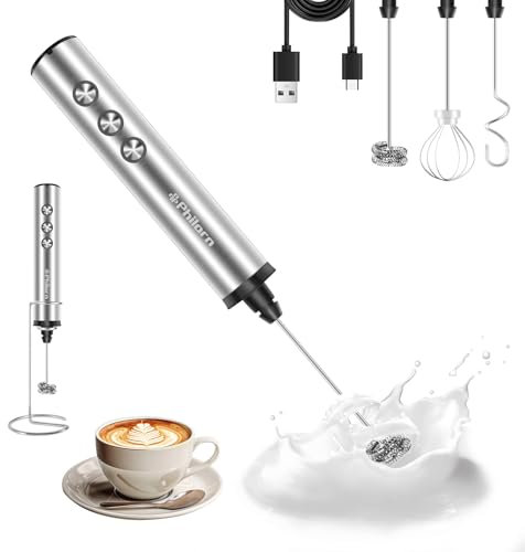 Philorn Milchaufschäumer Stab, 3-Gang Milchaufschäumer USB Aufladbar Edelstahl Aufschäumer with 3 Heads, Elektrisch Stab Schäumer mit Ständer, Milk Frother für Kaffee/Latte/Cappuccino/Creme/Cocktail