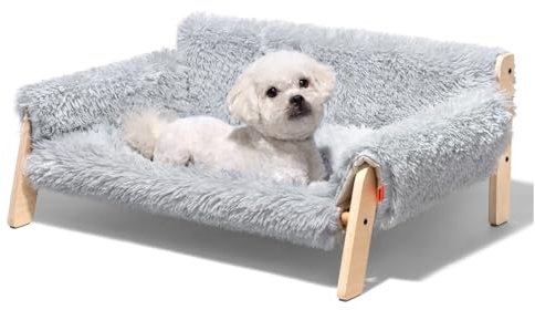 MEWOOFUN Divano Rialzato per Gatti in Legno, Robusto e Grande per Interni, Sedia alla Moda Con Coprimaterasso Rimovibile, Capacità Fino a 10 kg (Grigio, L)