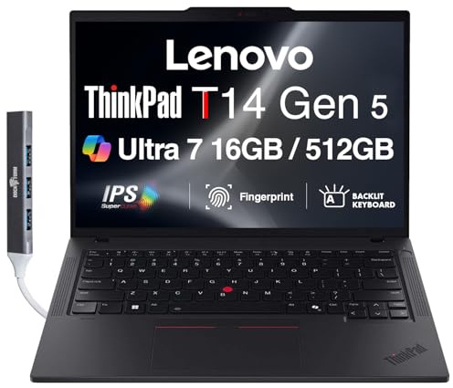 Lenovo ThinkPad T14 Gen 5 AI Powered Business Laptop 14.0 IPS FHD+ Display (Intel Core Ultra 7 155U(>i7-13700H), 16GB DDR5, 512GB SSD, Copilot, Backlit KB, FP, Win 11 Pro) w/DKZ USB Port Expander