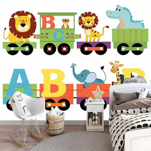 Papel pintado 250 x 175 cm Mural de pared de arte premium no tejido Tren animado decoración de dormitorio impreso diseño moderno, Blanco Revestimiento de paredes