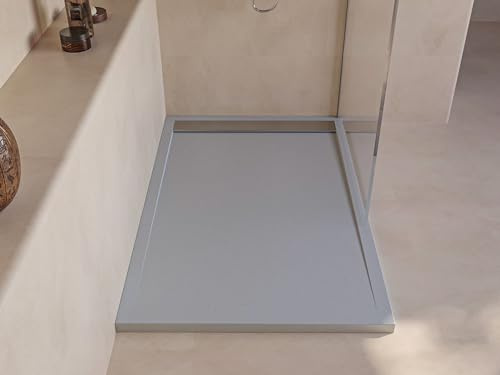 SoulHome Duschwanne Kunstharz 170x70 Lichtgrau Edelstahl-Gitter | Rutschfest C3, extraflach, Mineralguss, Schieferstruktur, antibakteriell, Gel-Coat-Beschichtung, inklusive Ablaufgarnitur