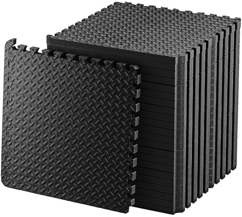 Exercise Foam Mat - Anti fatigue Protective Interlocking Puzzle EVA Floor Tiles with Edges - Gym Flooring Mats - Non slip Rubber Cushion for Underlay (Black, 24 Tiles (96 Square Feet))