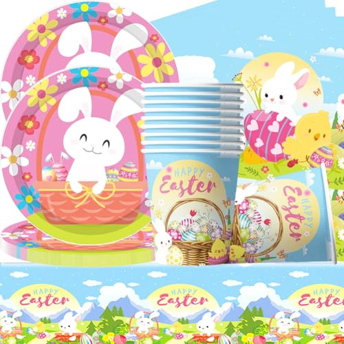 Oster-Party-Pappteller, Osterhase Partyteller Set,Oster Geburtstagspartyzubehör, 41PCS Tischdecke,Pappteller,Servietten,Pappbecher,Partygeschirr für Ostermottoparty-Dekorationen, 10 Gäste