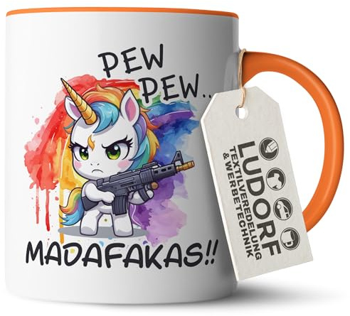 #teamludorf - Tasse - Orange Henkel & Innen - Einhorn PEW PEW... MADAFAKAS! - Witzige 300 ml Kaffeetasse, spülmaschinenfest, das Geschenk, Mikrowellen geeignet