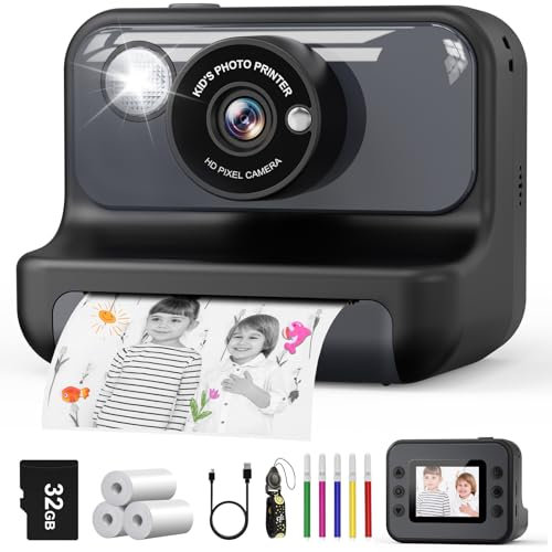 Hangrui Appareil Photo Instantané Enfant, 2.4 Écran Appareil Photo Enfant avec Carte 32G & Papier Photo, HD 1080P Vidéo Caméra Enfant,Noël Anniversaire Cadeau pour Filles Garçons 3-10 Ans (Noir)