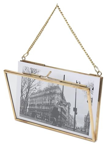 Fenzo Vintage Style 4x6 inch Landscape Brass & Glass Hanging Frames for Photos, Artwork, & Pressed Leaves, Floating Display Gold Frames, Elegant Design for Home Living Room Decor
