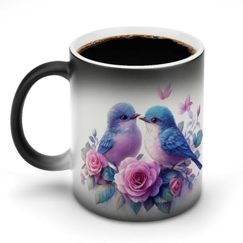 KWQDOZF Farbwechselbecher mit zwei Blaumeisen und Rosen, Blumen-Wärmewechsel-Keramikkaffeetasse, originelle Teetasse, lustiger Wasserbecher für das Homeoffice, 312 ml