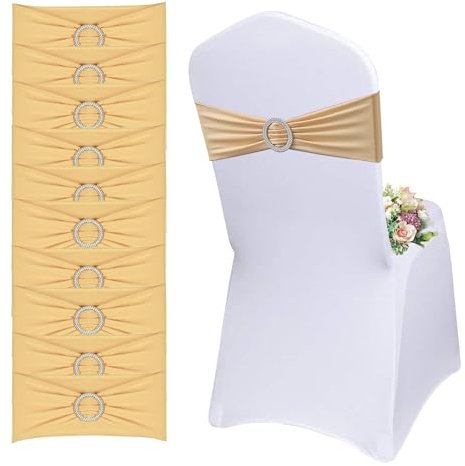 QeeFop 50 Fasce Elastiche per Sedie con Fibbia ad Anello, Fascia Coprisedia Fiocchi per Sedia Elastici per Feste, Matrimoni, Banchetti, Ricevimenti, Feste di Compleanno (Oro Champagne)