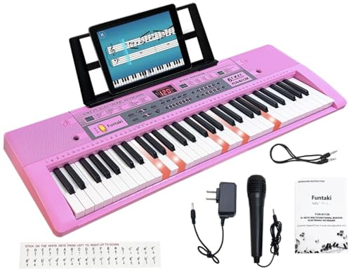 Funtaki Teclado de piano eléctrico de 61 teclas con teclas iluminadas, teclados sintetizadores portátiles digitales con soporte, mini teclado de música para principiantes, niños y adultos Rosa