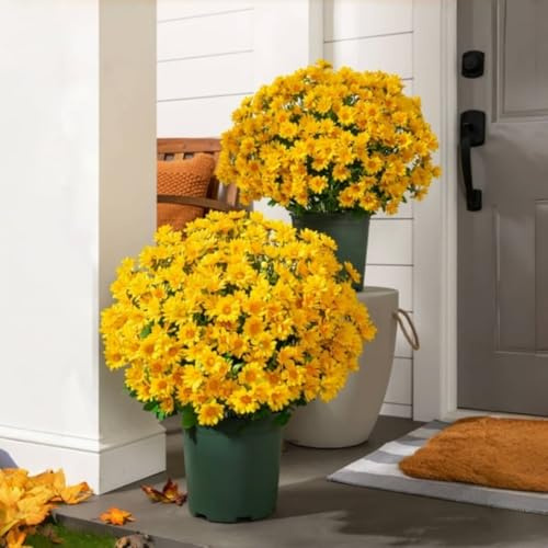 Crisantemi artificiali da esterno a effetto tramonto - Resistenti ai raggi UV, impermeabili, antivento, fiori artificiali per esterni, crisantemo finto per fioriere da interno (5bundle Yellow)