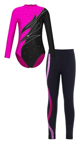 Xnihocha Costume De Gymnastique Pour Enfants Fille Tenue De Gym Justaucorps Gymnastique Manches Longues Body Col Montant Combinaison Avec Pantalon Ensemble D'entraînement Rose 11-12 ans