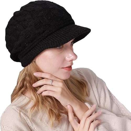 AYPOW Winter Knit Slouchy Visor Beret Hat for Women, Fleece Lined Warm Thermal Ear Protection Hat, Daily Winter Outdoor Accessory