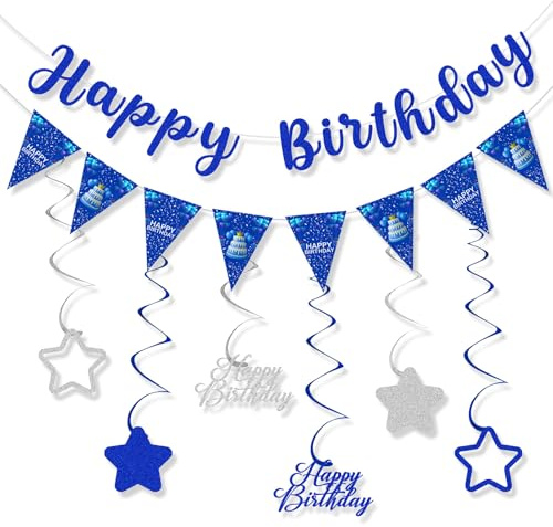 Decorazioni di compleanno blu e argento per uomini e donne, decorazioni per feste di buon compleanno, striscioni felici con decorazioni a spirale sospese, adatte per interni ed esterni