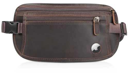 Polare Full Grain Leather Money Belt Hidden Passport Holder Wallet Travel Pouch with AirTag Slot Slim RFID Blocking Undercover Waist Bag