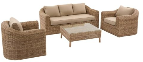 Hespéride - Salon de Jardin Mooréa Savana 5 Places - Anti-Rouille - Résine Tressée - Coussins Déhoussables Déperlants - 1 Canapé, 2 Fauteuils et 1 Table Basse - Mobilier d'Extérieur Jardin, Patio