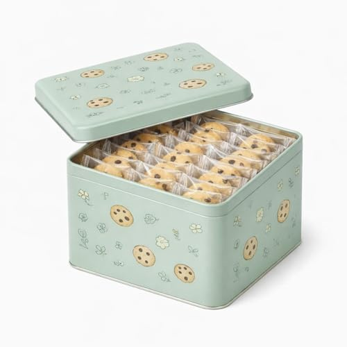 Delizie Artigianali Biscotti da Tè in Confezione Singola, 50 Unità, Elegante Latta Cubica Vintage 14x14x14 cm, Design Verde Acqua
