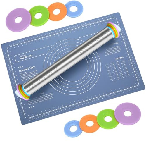 Nudelholz Edelstahl, Teigroller mit 4 Abstandshalter & Silikon Backmatte | Verstellbar 2/3/6/10mm, Rolling Pin für Pizza, Plätzchen, Brot, Fondant, Gebäck (Ausrollstab 42 cm, Matte 60x40cm)