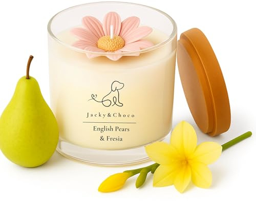 Jacky&Choco Velas Aromáticas de Pera y Fresia, Velas Perfumadas originales, 200gr de Cera de Soja y Abeja con Aceite Esencial, Vela Aromática grande Ideal como Ambientador de Hogar o Aromaterapia