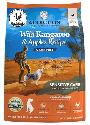 Addiction Wild Kangaroo & Apples Dry Dog Food - Limited Ingredient, Novel Protein for Dogs with Allergies, Grain-Free - Support Muscle Development & Manage Weight - Made in New Zealand 4lb
