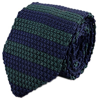 Secdtie Men's Preppy Wide Stripe Navy Blue Green Jacquard Silk Tie Necktie 014