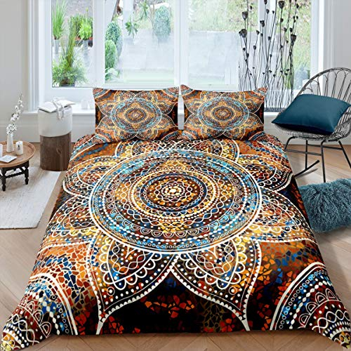 Loussiesd Mandala Drucken Bettwäsche Set 135x200cm 2 Stück Boho Bohemian Blumen Bettbezug Set Indische Exotik Betten Set mit 1 Kissenbezug Komfortable Polyester Mandala Muster
