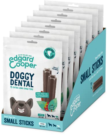 Edgard Cooper Treats Dental Stick, klein – Minze und Erdbeere – (8 x 7 Stickpackung), natürliche Hundekaustäbchen, Zahnhygiene, 1 pro Tag, kalorienarm, langes Kauen, frischer Atem