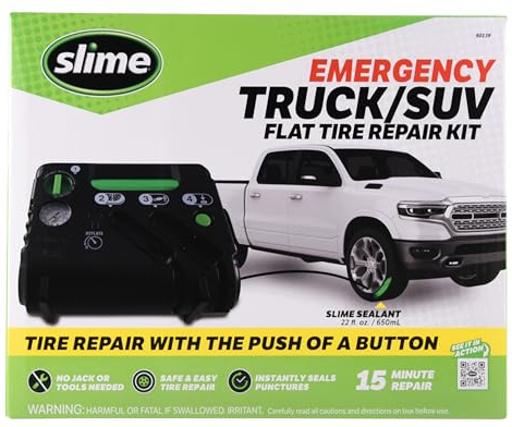 Slime 50139 Flacher Reifenpannen-Notfall-Kit, inklusive Dichtmittel und Reifenfüllpumpe, analog, geeignet für Autos und andere Autobahnfahrzeuge, 10 Min Fix
