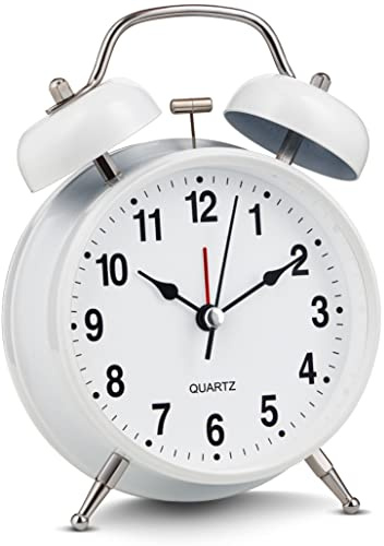 Bernhard Products Analog Alarm Clock Extra Loud Twin Bells Retro White 4 Inch Silent Non-Ticking Quartz Battery Operated with Backlight, Decorative Bedside Table Desk Vintage Clocks for Heavy Sleepers