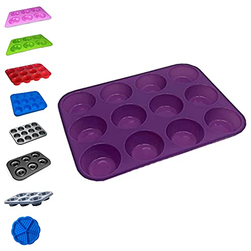 plastific 12 Large Silicone Muffin Yorkshire Pudding Mould Cupcake Baking Bakeware Tray (Purple)