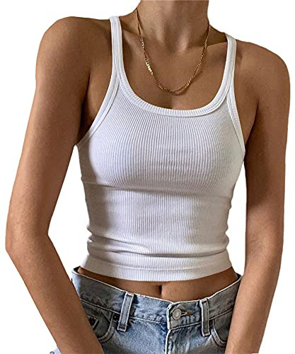 Artfish Women's Sleeveless Tank Top Form Fitting Scoop Neck Ribbed Knit Basic Cami Tight Fitted White XS