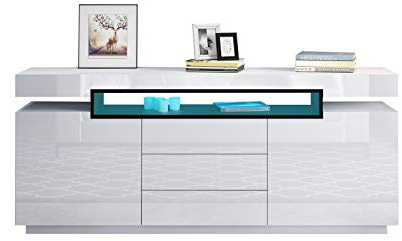 Senvoziii LED Sideboard Cupboard Cabinet High Gloss 2 Doors 3 Drawers Storage with Open Case TV Stand Unit for Dining Room Living Room Kitchen