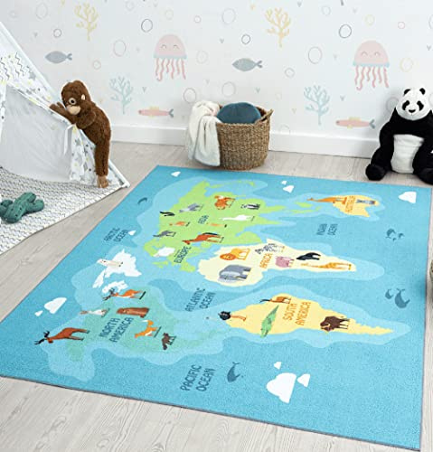 the carpet Happy Life – Spielteppich Weltkarte mit Tieren & Kontinenten, Kinderteppich für Kinderzimmer, rutschfest & pflegeleicht, Lern‑Teppich, Blau, 140 x 200 cm