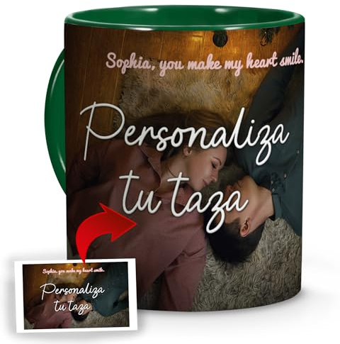 Tazas Personalizadas con Foto. Regalos Personalizados San Valentín Hombre. San Valentín Tazas Personalizadas de Cerámica. Regalos Parejas Originales. Taza con Color Interior y Asa Verde Oscuro