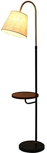 FREETT 9W LED Lámpara de Pie con Bandeja de Madera, Dormitorio Lámpara de Suelo con Carga Inalambrica y Puertos de Carga USB, Base de Mármol E27 Luz de Piso para Estudio