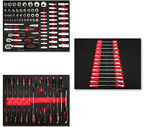 EBERTH Set d'outils multitâches 114 pièces Pour servante d'atelier, inserts d'outils étiquetés en mousse, Pour 3 tiroirs, Equipement automobile et d'atelier professionnel, Rouge