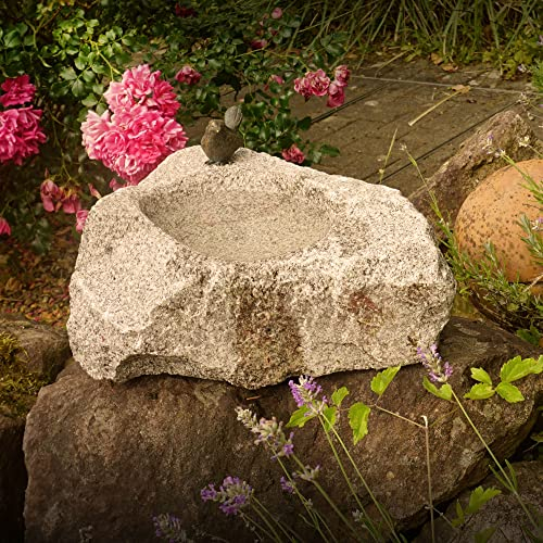 Yerd Gartendeko: Bronzefigur Vogeltränke mit Bronzevogel, ca. 30 cm breit - mit rötlichem Stein